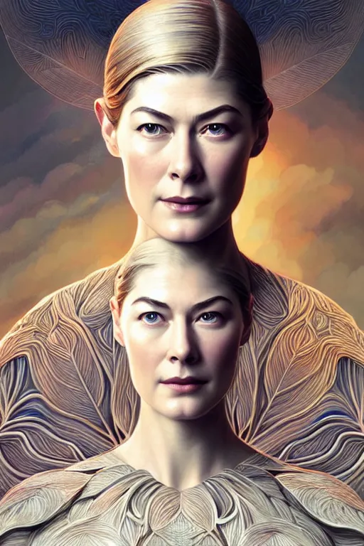 Image similar to young rosamund pike portrait, art deco, fantasy, intricate art deco leaf designs, elegant, highly detailed fractals, sharp focus, art by artgerm and beeple and greg rutkowski and wlop