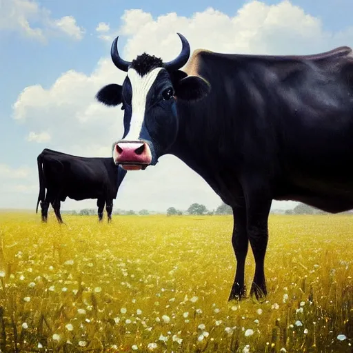 Image similar to Hyper realistic oil painting of a cow standing in the middle of a field of daisies, blue sky, high contrast, by greg rutkowski, trending on artstation