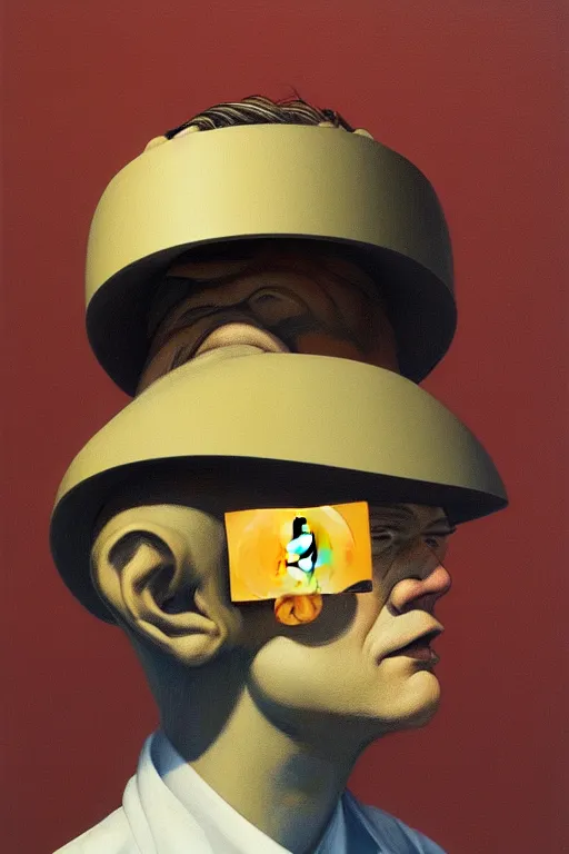 Image similar to satoshi nakamoto wearing oculus and bitcoin over his head edward hopper and james gilleard, zdzislaw beksisnski, higly detailed