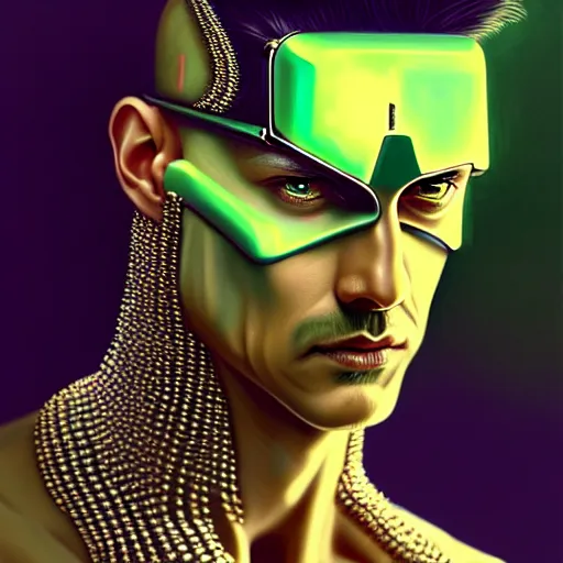 Image similar to man with extremely large and intricate haircut with angry green eyes and slim features looking askance, eye cyberpunk bionics, retro futurist style, intricate, elegant gleaming intricate baroque jewelry, angelic halo, highly detailed, digital painting, artstation, concept art, smooth, sharp focus, illustration, art by wlop, mars ravelo and greg rutkowski,