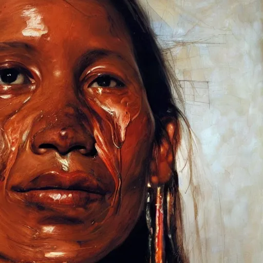 Image similar to high quality high detail painting by jenny saville, hd, a skinny beautiful indigenous woman tribe leader, photorealistic lighting