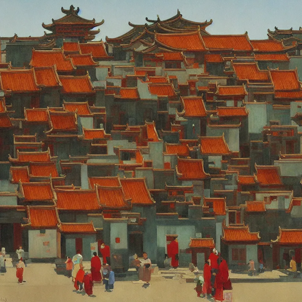 Prompt: a painting of hongcun ancient village houses by edward hopper and nicolas party