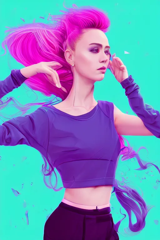 Image similar to a award winning half body porttrait of a beautiful woman in a croptop with ombre purple pink teal hairstyle with head in motion and hair flying, outrun, vaporware, shaded flat illustration, digital art, trending on artstation, highly detailed, fine detail, intricate