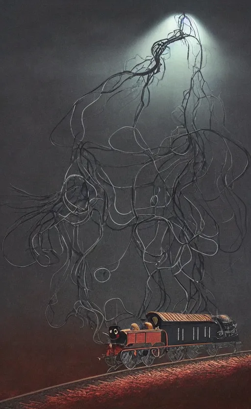 Image similar to thomas the tank engine in style of zdzisław beksinski, extremely dramatic lighting, 8 k, tendrils, black, darkness, black slime tendrils, infected, rust, body horror, thomas the train, thomas the tank engine face, horror,