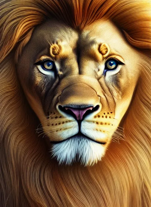 Prompt: a beautiful portrait, golden background, gorgeous fantasy cute lion baby, professionally retouched, soft lighting, realistic, smooth face, gorgeous blue eyes, long white hair, cute ears, wide angle, sharp focus on the eyes, 8 k high definition, insanely detailed, intricate, elegant, gorgeous, art by artgerm and wlop