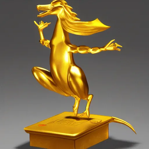 Prompt: A golden statue of Zard from the video game Adventure Quest.