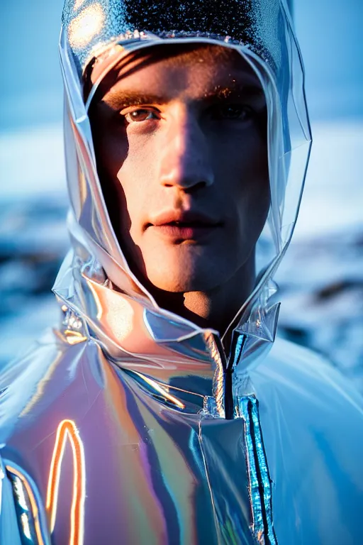 Image similar to an ultra high definition professional high fashion portrait studio full length photograph of a male model wearing a transparent pearlescent raincoat and neon visor in an icelandic black rock environment at dawn. no artefacts. extremely detailed. stark. refraction. shallow depth of field. volumetric light and shadow. ray tracing. light rays.