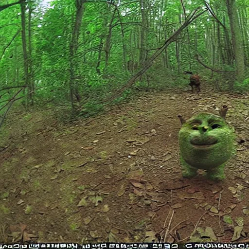 Image similar to Shrek caught on trail cam, trail camera footage, wide angle lens, night vision, grainy