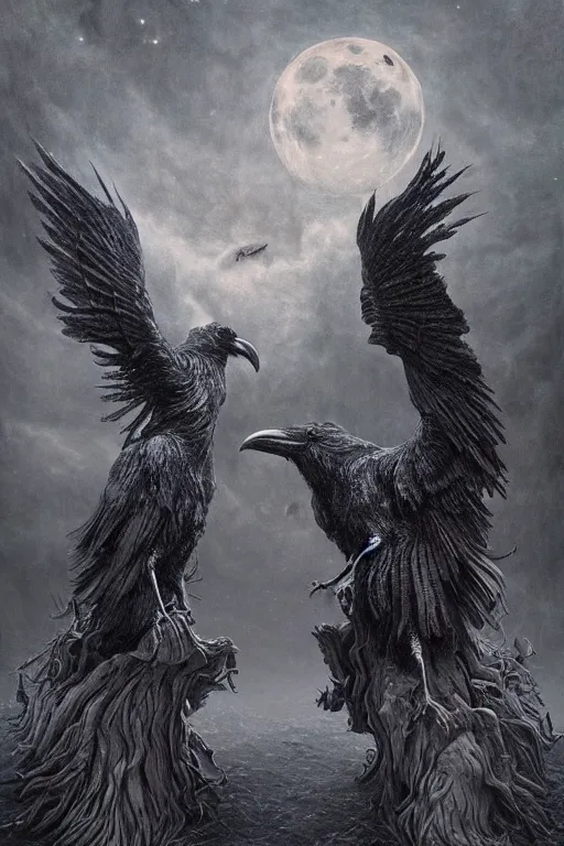 Image similar to Intricate stunning highly detailed surreal ravens by agostino arrivabene and Seb McKinnon, sculpture, ultra realistic, Horror vacui, full moon, thick swirling smoke tornado, fire embers, trending on artstation