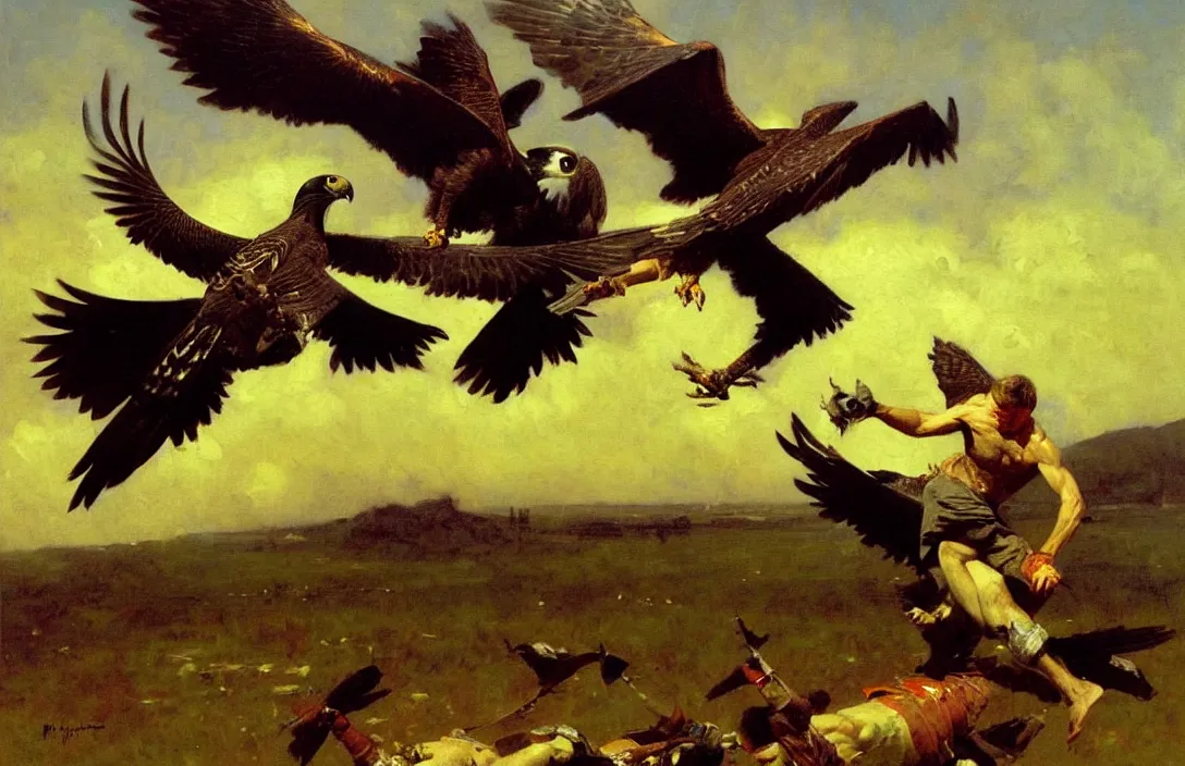 Prompt: a falcon escapes from the falconer, detailed painting, epic lighting, by ilya repin, phil hale and kent williams