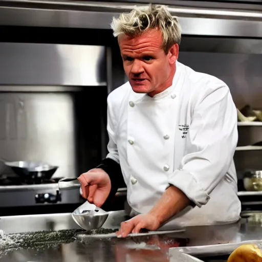 Prompt: gordon ramsey attempts to contain his unending rage when his risotto comes out dry
