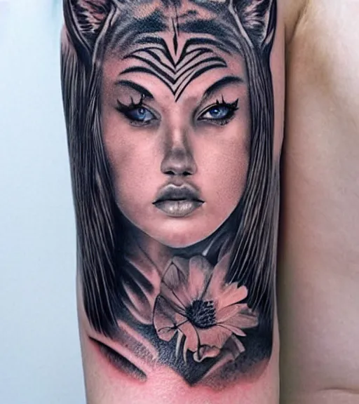 Image similar to tattoo design on white background of a beautiful girl warrior under a tiger head, hyper realistic, realism tattoo, by eliot kohek, beautiful eyes, realistic face, black and white