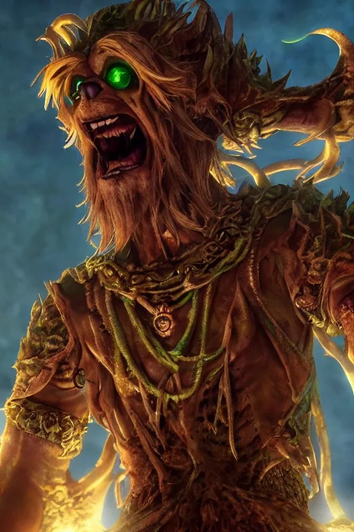 Image similar to an ultra detailed 3 d render of shaggy from scooby doo as an elden ring boss, epic anime fantasy, 8 k, in the style of a fantasy metal album cover and magic the gathering, volumetric lighting, smooth, highly detailed, digital illustration, octane render, art by albert bierstadt and greg rutkowsi, artstation
