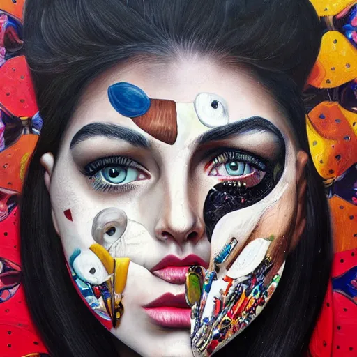 Image similar to a painting of a woman's face with many different things on her face, a surrealist painting by Sandra Chevrier, behance contest winner, pop surrealism, surrealist, detailed painting, poster art