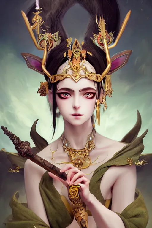 Image similar to beautiful fairy, brown skin, white hair, devil's horn on her head, green eyes and the third eye on her forehead, dressed in dunhuang clothes, with black and gold wings behind her, and a brown scepter in her hand. character design, animation image design, painting by wlop