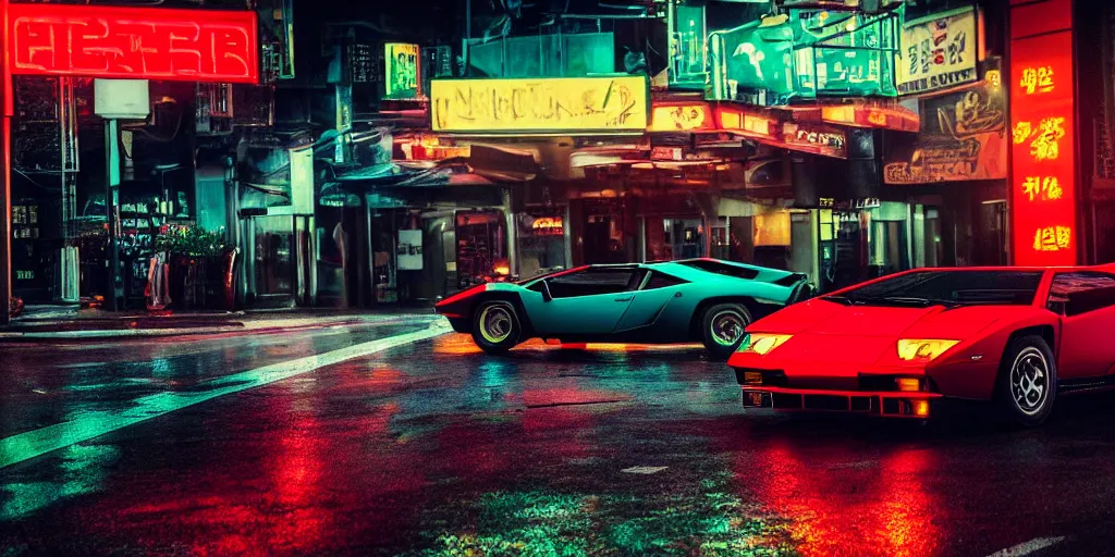 Prompt: photograph of two different coloured lamborghini countach parked in a rainy neo tokyo street at night with neon light signs illuminating the scene, sharp focus, highly detailed, ray tracing, cinematic, moody, hdr, 4 k, incredible detail