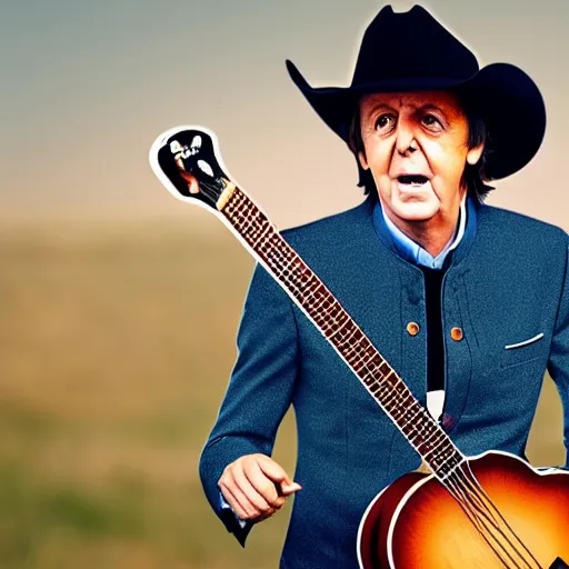 Image similar to Paul McCartney wearing a cowboy hat and playing the banjo! 8k, high definition, highly detailed, photo-realistic