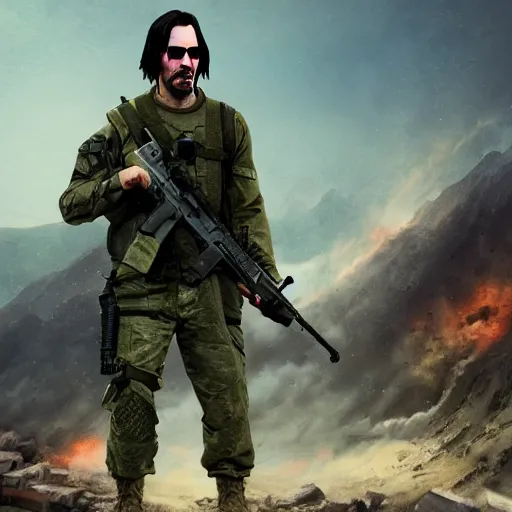 Image similar to keanu reeves as a soldier , digital art , trending on artstation , Matte painting ,Hyperdetailed , CGSociety