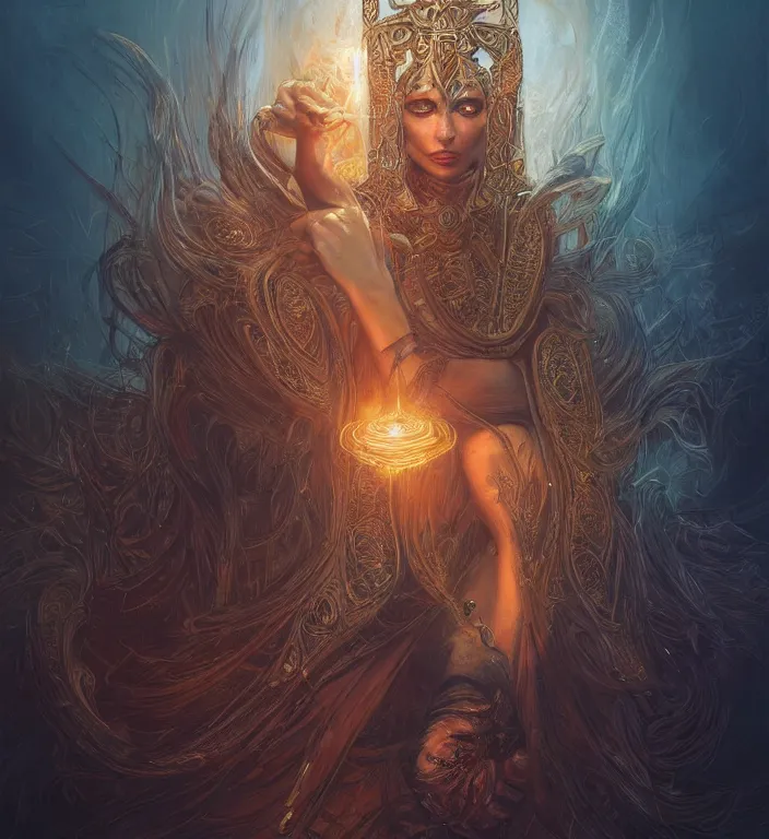 Image similar to unreal engine render of, centered Intricate portrait of a goddess, tarot card, dark souls colour scheme, luminal, smooth, coherent, high detailed, kerem beyit, Karol Bak, Chris Cold, james gurney, dan mumford, featured on artstation, instagram HD, unreal engine