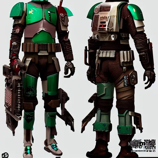 Image similar to cyberpunk character design, boba fett x warmachine character design sheet, digital art, deviantart, artstation, octane render