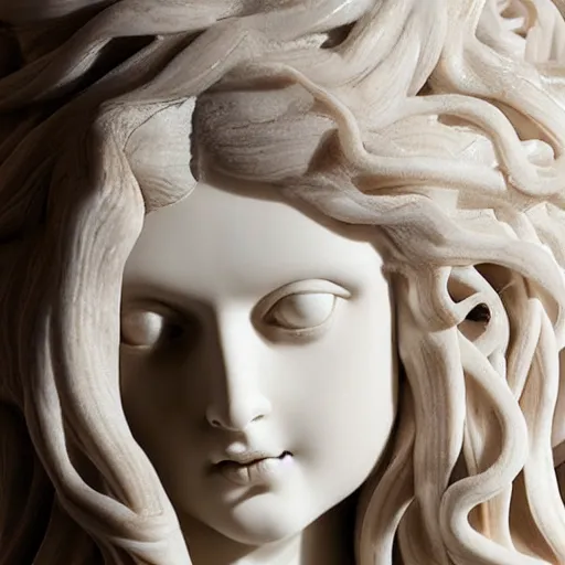 Prompt: female medusa long hair, marble statue, beautiful delicate face, staring, macro shot head