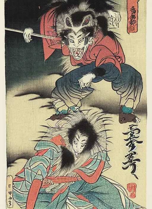 Image similar to the wolfman as a yokai illustrated by kawanabe kyosai and toriyama sekien