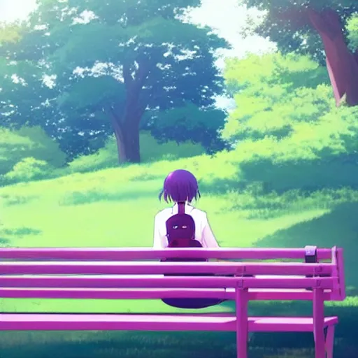 Image similar to a girl with pink hair in a school uniform sitting on a bench in a park, beautiful, perfect art, makoto shinkai