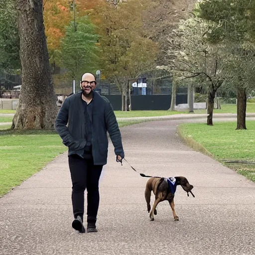 Prompt: a photo of michael from the vsauce youtube channel, walking a dog in the park.