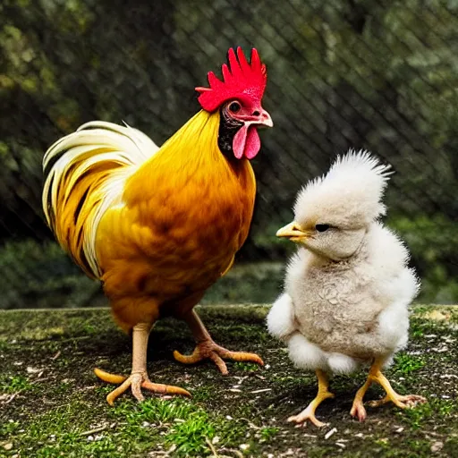 Prompt: a rooster protecting a small yellow fuzzy newborn baby chick