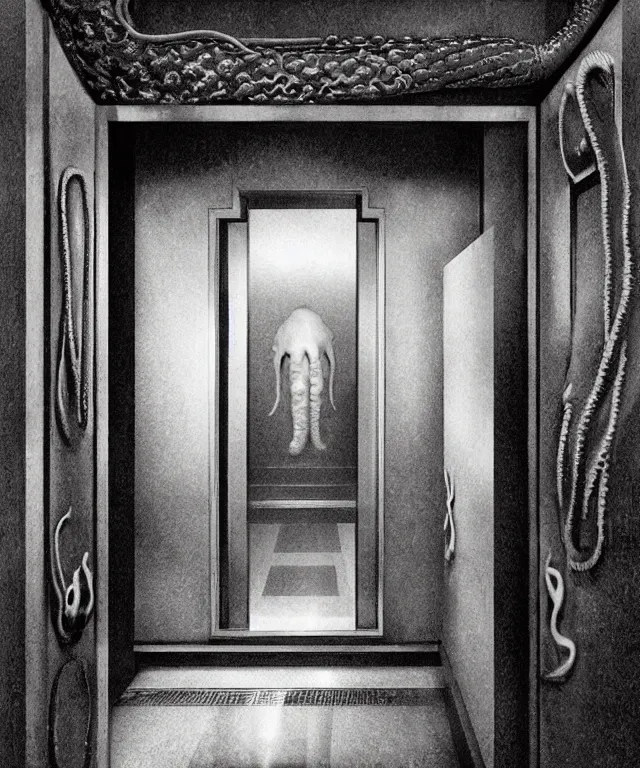 Prompt: horrifying photorealistic image of a 1 9 2 5 hotel elevator lobby, elevator doors look like a mouth, with a tentacle - shaped tongue, licking out, full color, dark, atmospheric, brooding, smooth, finely detailed, cinematic, epic, in the style of lee gibbons