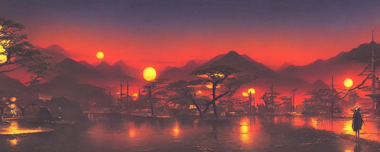 Image similar to awe inspiring bruce pennington landscape, digital art painting of 1 9 6 0 s, old japan at night, 4 k, matte