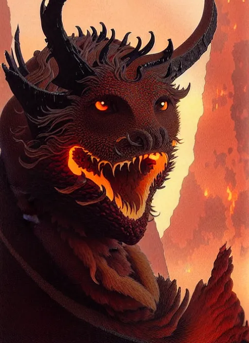 Image similar to ''face portrait furry handsome dragon, volcano landscape, fantasy, d & d, sharp focus, detailed, digital painting, art by greg rutkowski and alphonse mucha''