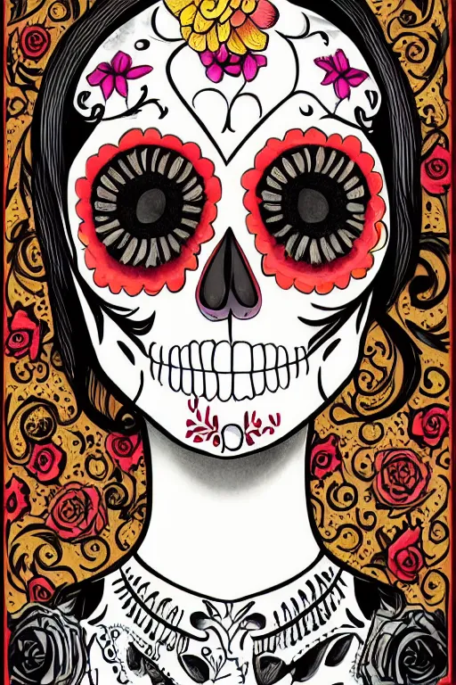 Prompt: illustration of a sugar skull day of the dead girl, art by denis villeneuve