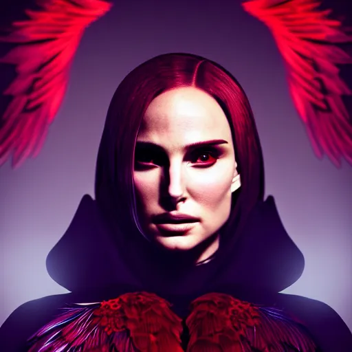 Prompt: beautiful female mage with red hair, natalie portman, black clothing, dark feathered wings, intricate, highly detailed face, trending on artstation, dramatic lighting, 4 k