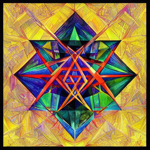 Prompt: a painting of a star of david, a cubist painting by Android Jones, cgsociety, geometric abstract art, cubism, angular, tesseract