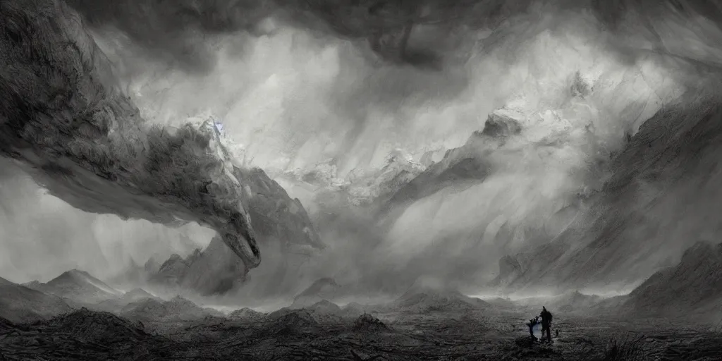 Prompt: in the raging storm, prehistoric landscape with vulcano, darkness, drawn by christan delort!!! and gustave dore, frank miller, graphic black and white, hatching, low camera, wide angle, centered composition, golden ratio