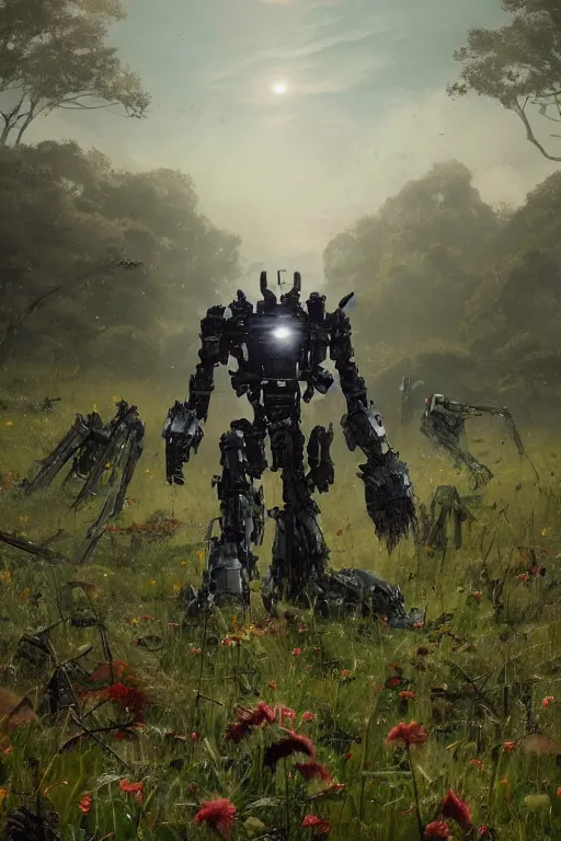 Image similar to a portrait of a giant robot laying broken in the meadow covered in plants by greg rutkowski, sung choi, mitchell mohrhauser, maciej kuciara, johnson ting, maxim verehin, peter konig, bloodborne, 8 k photorealistic, cinematic lighting, hd, high details, dramatic, dark atmosphere, trending on artstation