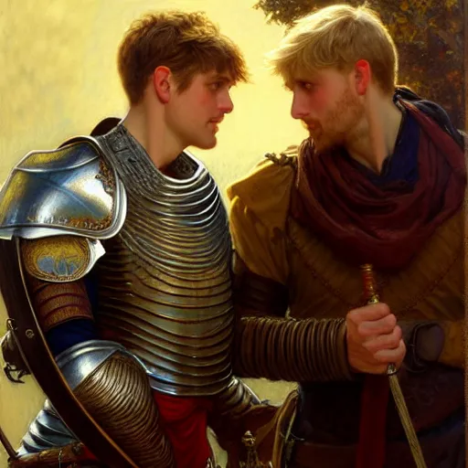 Image similar to attractive arthur pendragon and his attractive male knight, they are in love, natural lighting, path traced, highly detailed, high quality, digital painting, by gaston bussiere, craig mullins, alphonse mucha j. c. leyendecker