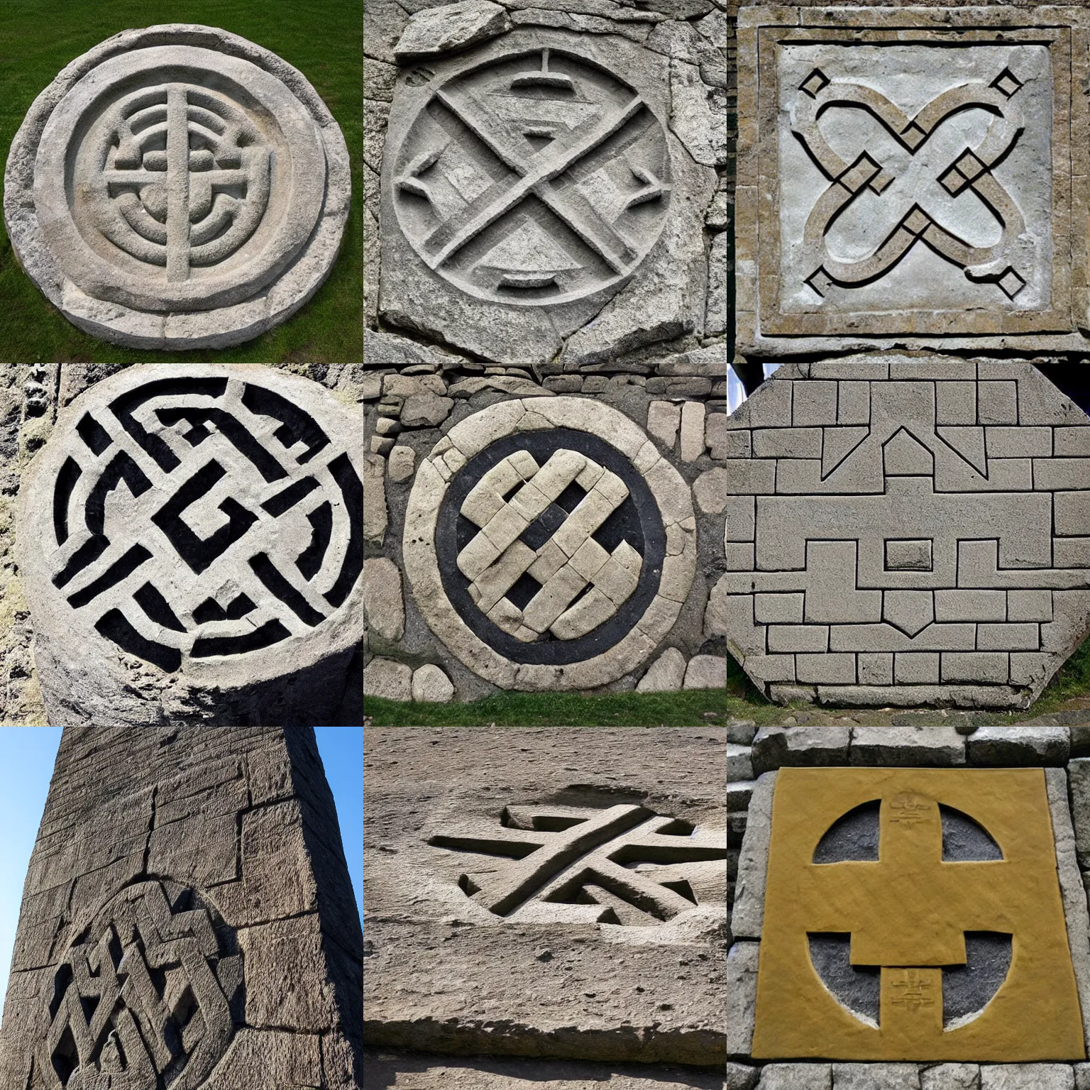 Prompt: a photo which shows a large but simple swastika crafted in the masonwork of an ancient megalithic wall