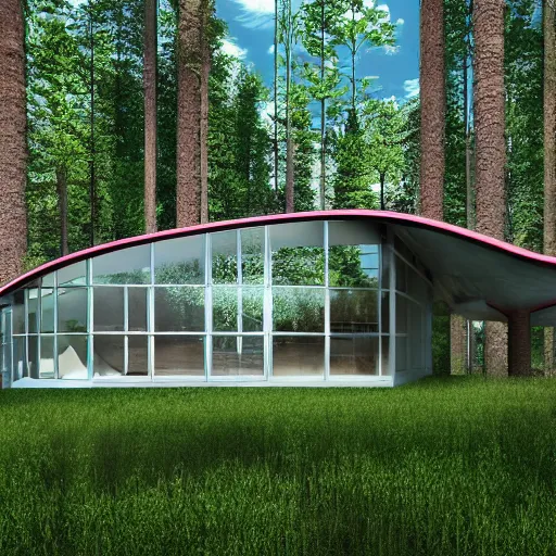 Image similar to a modern house in the woods. the house is the shape of a mobius strip with large picture windows. there are pine trees all around. digital art, 3 d render.