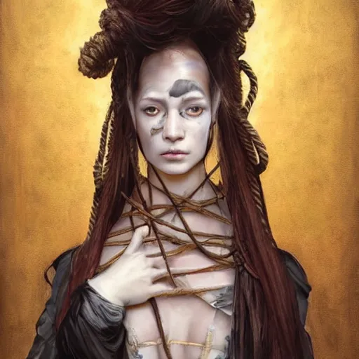 Image similar to portrait of a Shibari rope wrapped face and neck, headshot, insanely nice professional hair style, dramatic hair color, digital painting, of a old 15th century, old cyborg merchant, amber jewels, baroque, ornate clothing, scifi, realistic, hyperdetailed, chiaroscuro, concept art, art by Franz Hals and Jon Foster and Ayami Kojima and Amano and Karol Bak,