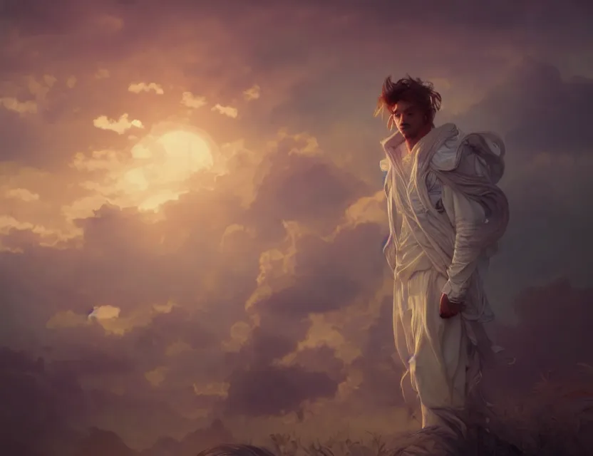 Prompt: a male wearing clouds as the clothes, morning sunrise, digital art, concept, radiant light, soft highlights, smooth render, unreal engine render, alphonse mucha krenz nixeu wlop.