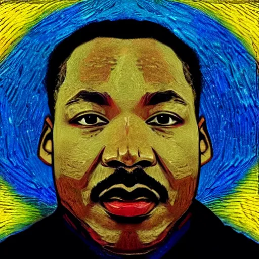 Image similar to an artistic portrait of martin luther king, smiling, high quality, studio photography, colorful, hero, heroic, beautiful, in the style of vincent van gogh