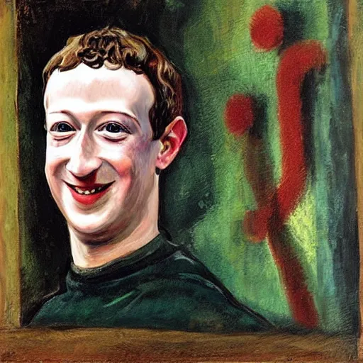 Image similar to “a deliriously happy king mark zuckerberg, portrait oil painting by Otto Dix, oil on canvas (1921)”