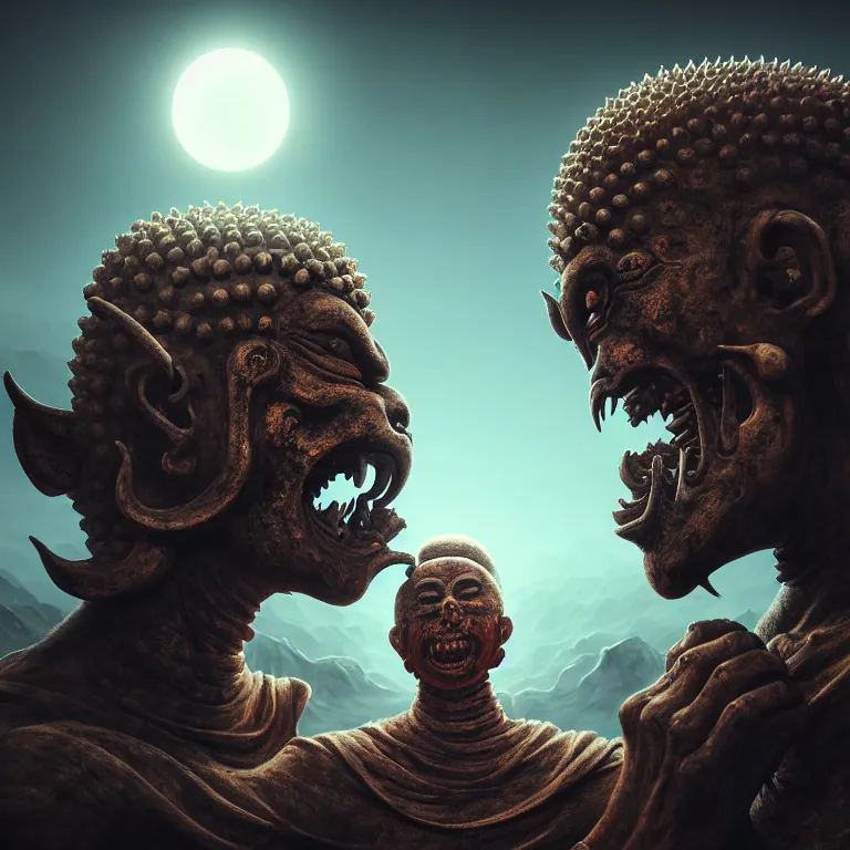 Image similar to portrait of two buddhist demons kissing each other in wastelands on white exoplanet at night, baroque portrait painting, beautiful intricate insanely detailed octane render, artstation, 8 k artistic harsh flash photography, photorealistic, volumetric perfect light, chiaroscuro, raphael, caravaggio, beksinski, rutkowski, giger