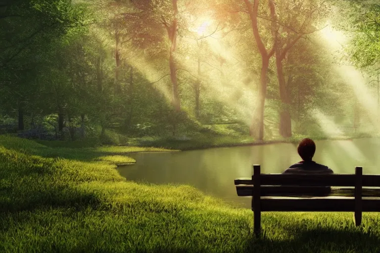 Prompt: a prince sits on a bench in a forest in front of a pond in the center, green color scheme, morning, mist, sun rays, artstation,