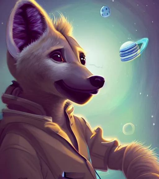 Image similar to digital detailed art of furry female hyena, in style of zootopia, fursona, furry, furaffinity, deviantart, wearing astronaut outfit, in style of mark arian, floating in space, space background, hyena fursona, cyberpunk, female, detailed face, style of artgerm,