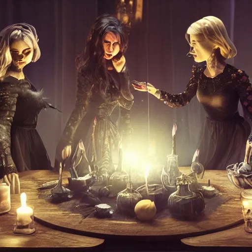 Image similar to dark witches doing a ritual at a table wide angle, fine details, cinematic. galaxy starscape. realistic shaded lighting by Ilya Kuvshinov Giuseppe Dangelico Pino and Michael Garmash and Rob Rey greg rutkowski, octane render, IAMAG premiere, aaaa achievement collection, elegant freckles, cinematic hologram, fabulous, daily deviation, 4k, 8k, annual award winner