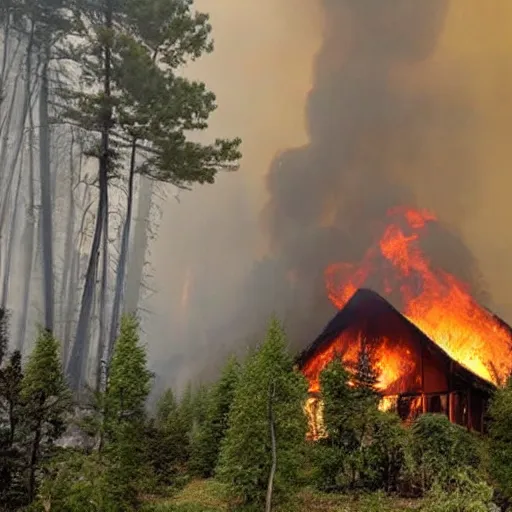 Image similar to a beautiful photo of a small hotel engulfed in a forest fire