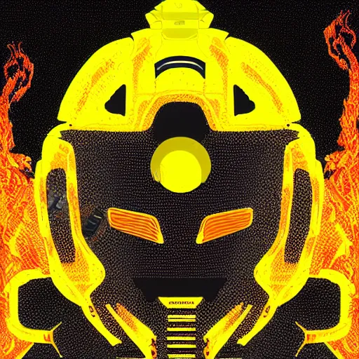 Image similar to helmet lion cyberpunk made of yellow lava and fire in angga tantama style, profile portrait, digital illustration, vector art, drawing, mecha, epic size, epic scale, macro art